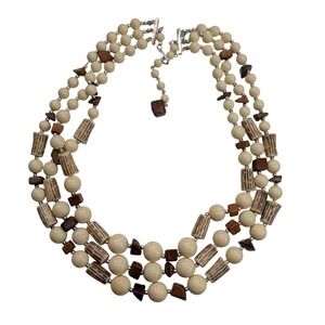 Vintage Signed Japan Unusual Necklace Multi-Strand Cream Faux Wood Bead
